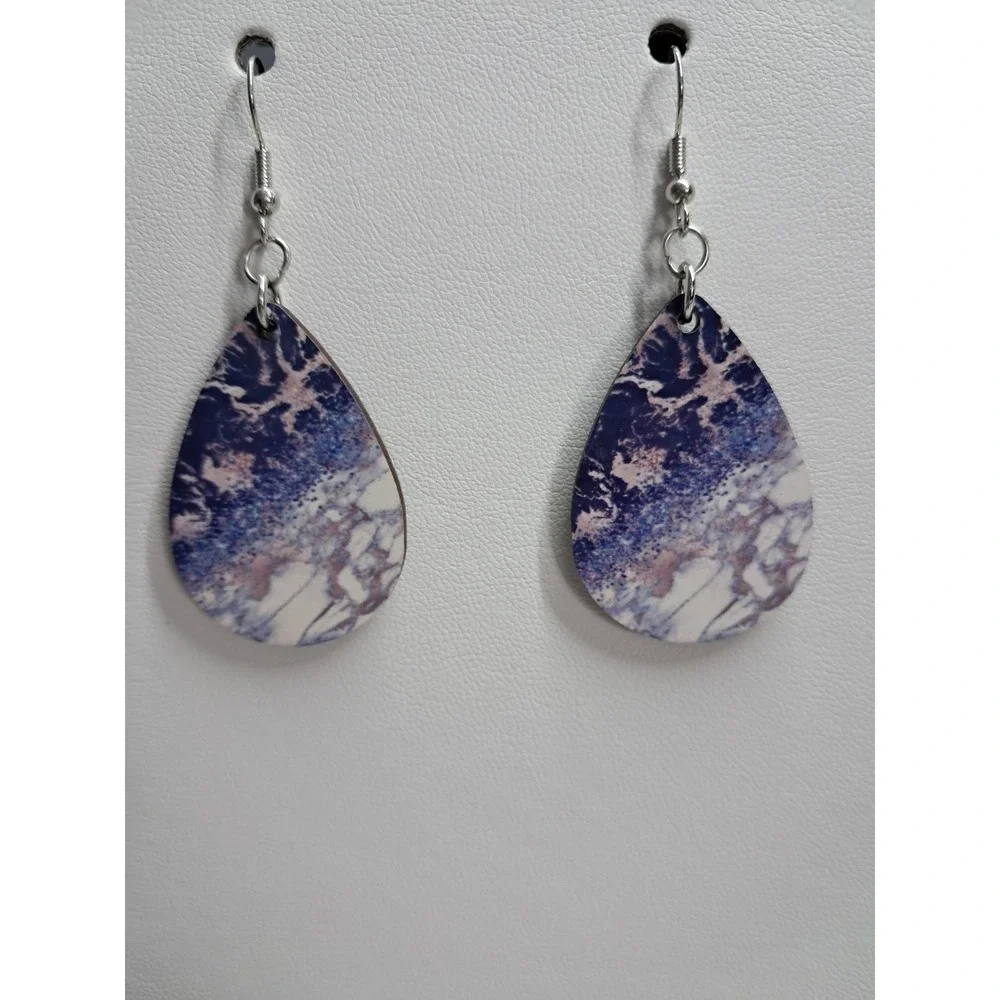 Purple‎ Marble Teardrop Dangle Earrings Silver Tone French Hook Abstract Print